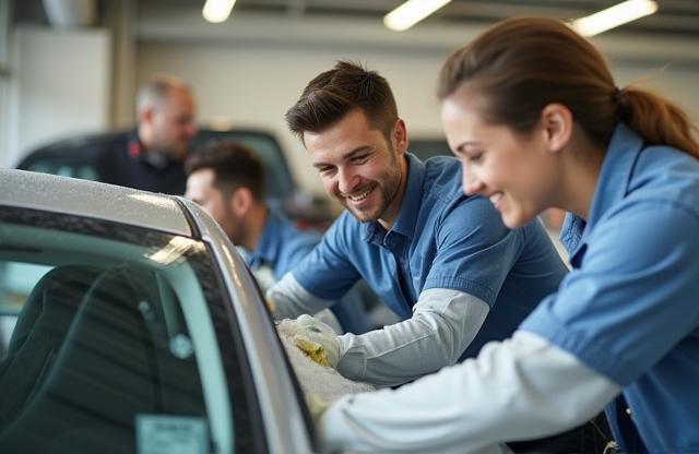 Kihe Touch team detailing a car, smiling and working together
